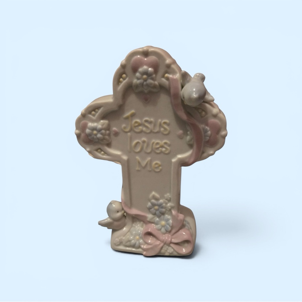 Precious Moments Pink and White 'Jesus Loves Me' Cross Figurine